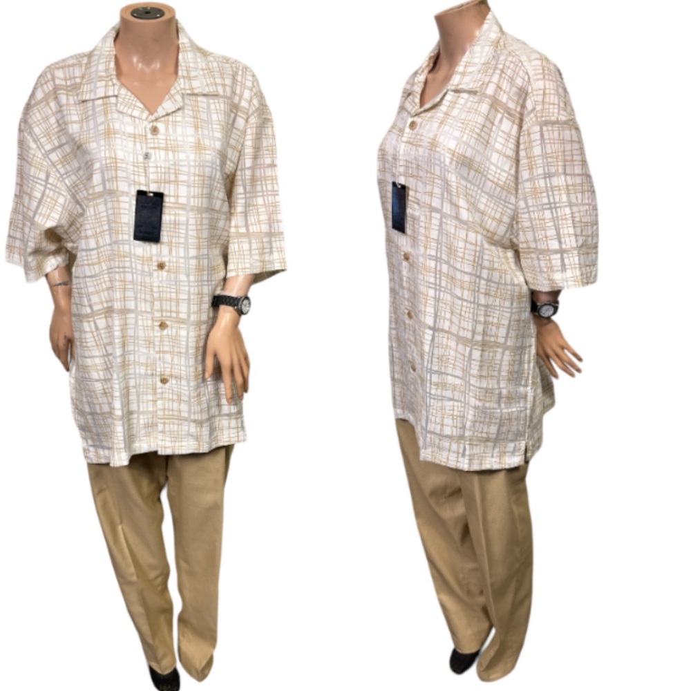 Silversilk Linen leisure Suit Cream Tan 2 Piece Short Sleeve Size XXL 42 X 34
